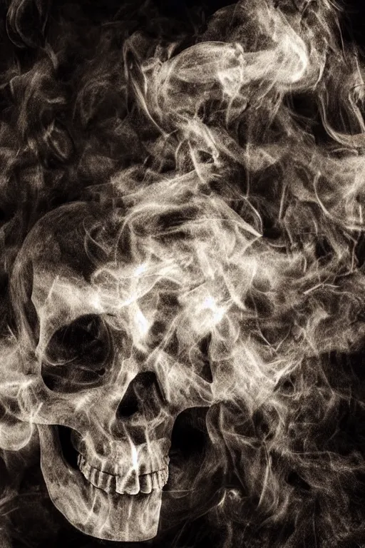 Image similar to smoke rising and forming the shape of a skull, realistic photo,