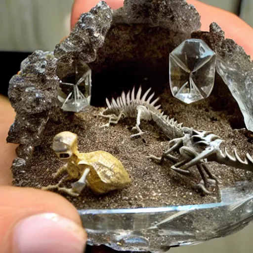 Image similar to mini dinosaur skeleton inside a crystal geode