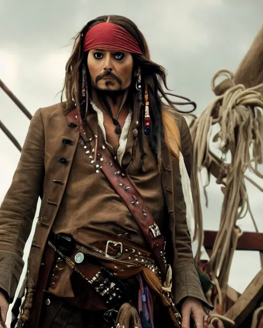 Image similar to David Tennant in the role of captain jack sparrow, film still, amazing short, 8K, IMAX, ultra detailed