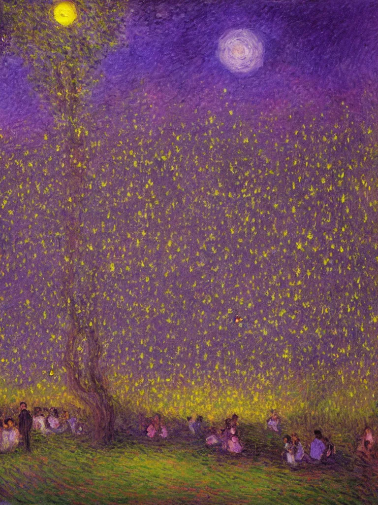 Prompt: gauzy twilight impressionist painting of fireflies in my backyard with an old apple tree in a purple cast with people! dancing in the moonlight, moon in right of sky, intense purplish color oil painting by claude monet and piet mondrian, cosmic trending on artstation 8 k