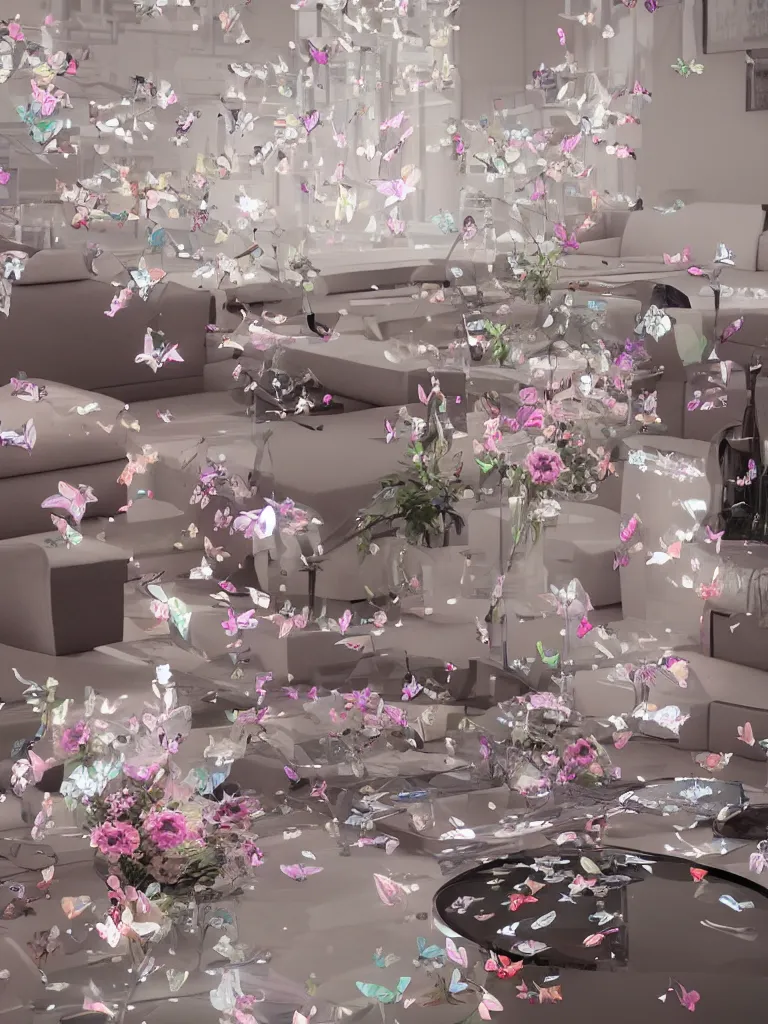 Prompt: Epic digital art of a futuristic living room table, vase of flowers with hologram butterflies flying around it, trending on artstation, octane render