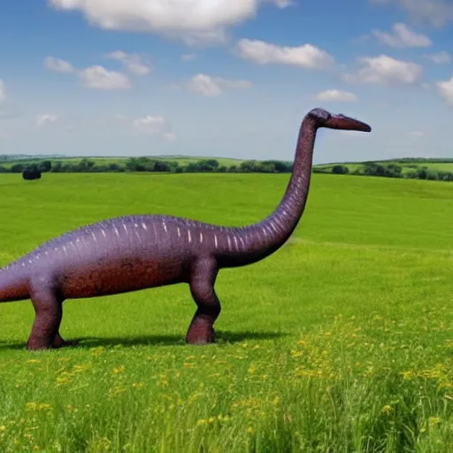 Prompt: a diplodocus lazily walking through a meadow in the english countryside enjoying the summer sun