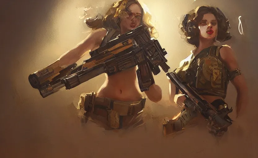 Image similar to a painting of gold, guns, and girls trending on artstation in the style of greg rutkowski