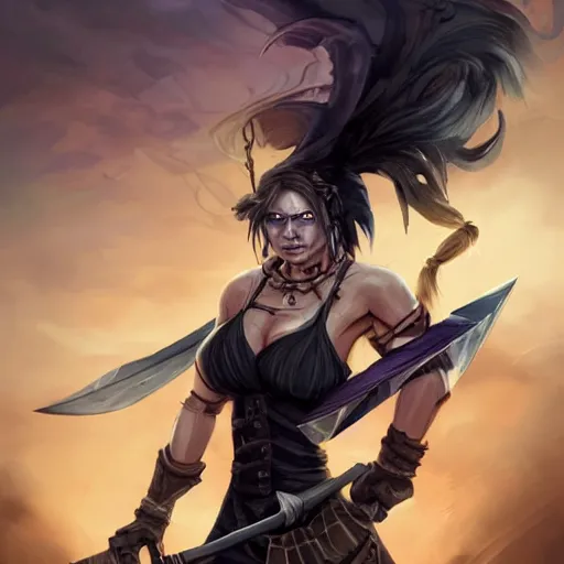 Prompt: a strong pirate woman in a sleeveless vest, angry, black lines running up her arms like veins, fighting, holding an axe of shadows, storm clouds in the background, long dark hair, character art, full body art, Dungeons and Dragons, D&D, trending on artstation, artgerm, 4k ultra hd, sharp focus, digital art by Ilya Kuvshinov and Ross Tran,