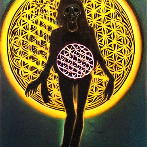 Image similar to death holding the flower of life