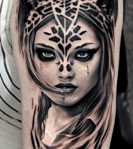 Image similar to tattoo design of a beautiful girl warrior under a tiger head, hyper realistic, realism tattoo, by eliot kohek, beautiful eyes, realistic face, black and white, white background