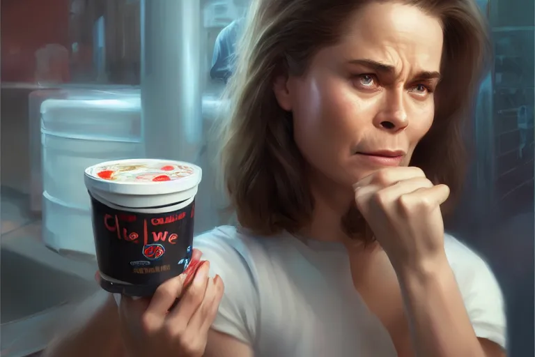 Prompt: rob lowe face in a yogurt cup, dairy aisle at grocery store, charlie bowater, artgerm, ilya kuvshinov, krenz cushart, ruan jia, realism, ultra detailed, 8 k resolution