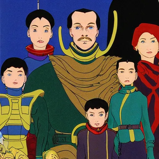 Image similar to family portrait of duke leto atreides, lady jessica and paul atreides, dune, futuristic palace, aristocratic, space opera, in the style of yamato - e, tosa school, tosa mitsuoki, iwasa matabei, awataguchi takamitsu.