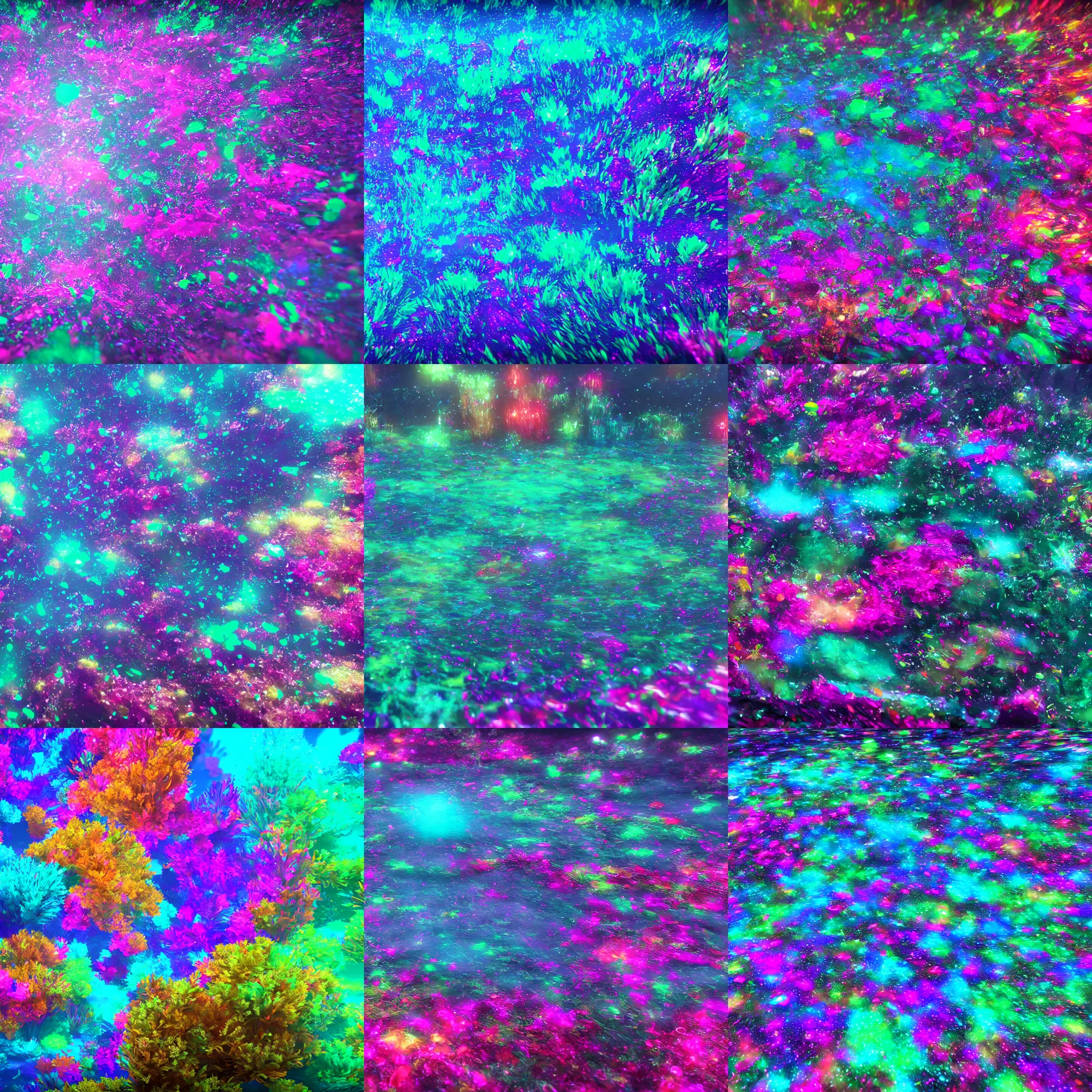 Prompt: blurry mess of liquid neon crystals, 8 k hyper realistic, unreal engine 5, bright, underwater