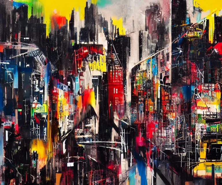 Image similar to acrylic and spraypaint of a metropolitan cityscape at night with wet pavement and reflections, painting, paint drips, acrylic, clear shapes, spraypaint, smeared flowers, origami crane drawings, oil pastel gestural lines, large triangular shapes, painting by ashley wood, basquiat, jeremy mann, masterpiece