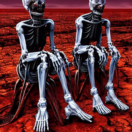 Image similar to conjoined demon twins sitting legs crossed in a desert hellscape covered in gore by Yoshitaka Amano, by HR Giger, biomechanical, 4k, hyper detailed, hyperrealism, anime, a Broken World demons flying overhead, red sky, blood and body parts, deviantart, artstation