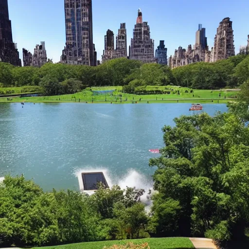 Prompt: photo of a large water park inside of central park. the new york city skyline is shown in the background.