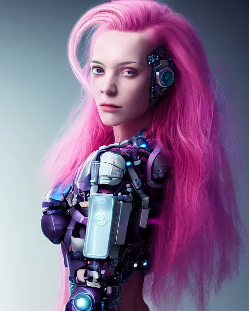 Image similar to portrait of a beautiful french woman with pink hair as a cyberpunk cyborg half robot, skin open to reveal wires and electronics, sci - fi, missing panels, intricate abstract upper body intricate artwork, concept art, octane render, deviantart, cinematic, key art, hyperrealism, iridescent accents, portrait photograph, nikon 3 5 mm, photograph by greg rutkowski