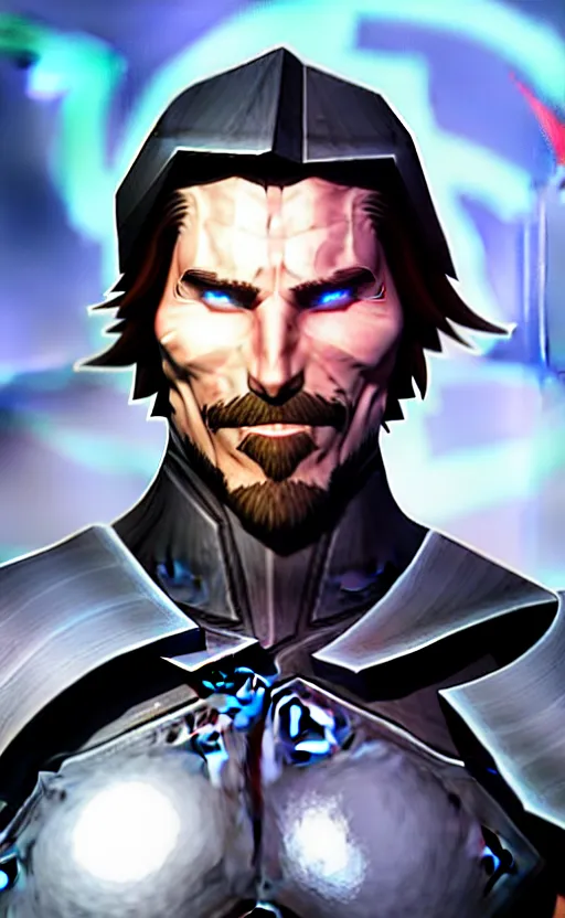 Image similar to Christian Bale as a character in the game League of Legends, with a background based on the game League of Legends, detailed face, old 3d graphics