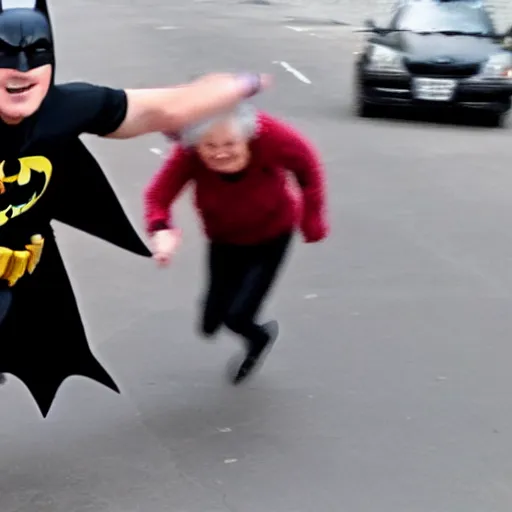 Image similar to high quality selfie photo of grandma being chased by batman