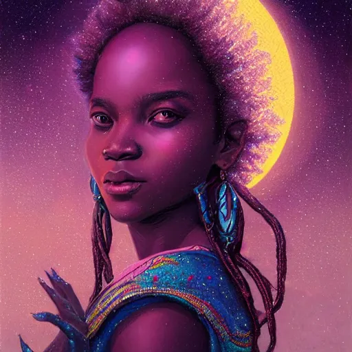Prompt: highly detailed portrait of an african moon goddess with stars in her hair drenched in stardust, blood moon, retrowave colors, unreal engine, fantasy art by greg rutkowski, loish, rhads, ferdinand knab, makoto shinkai and lois van baarle, ilya kuvshinov, rossdraws, tom bagshaw, radiant light, detailed and intricate