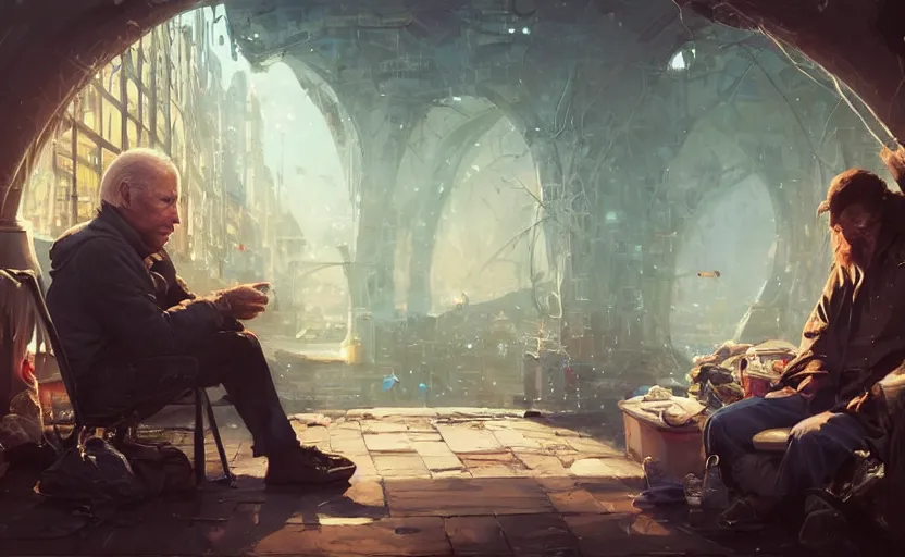 Prompt: highly detailed portrait of joe biden as a homeless, in vr, stephen bliss, unreal engine, fantasy art by greg rutkowski, loish, rhads, ferdinand knab, makoto shinkai and lois van baarle, ilya kuvshinov, rossdraws, tom bagshaw, global illumination, radiant light, detailed and intricate environment