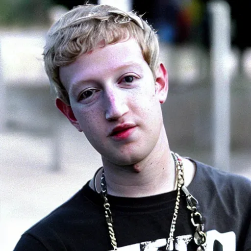 Image similar to bleached blonde mark zuckerberg with choker necklace looking edgy and punk rock at the skatepark 1 9 9 5