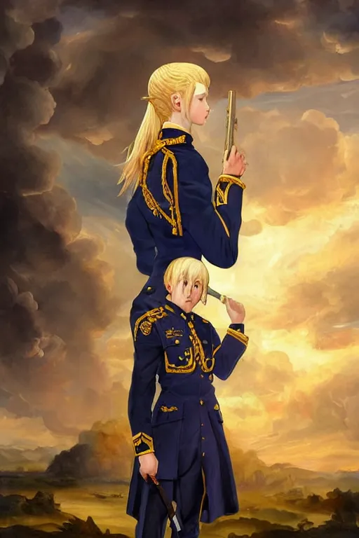 Image similar to baroque oil painting of key visual concept art, portrait of stern anime girl blonde hair blue eyes wearing formal military dress uniform saluting at a full honors military funeral, somber, rule of thirds golden ratio, fake detail, trending pixiv fanbox