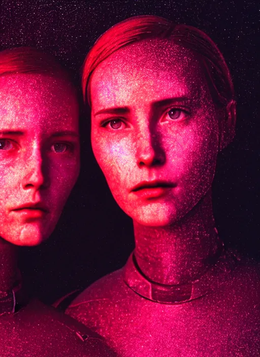 Image similar to cinestill 5 0 d photographic portrait of two loving female androids wearing rugged black techwear on a desolate plain with a red topographic holographic sky, extreme closeup, cyberpunk style, dust storm, 8 k, hd, high resolution, 3 5 mm, f / 3 2, ultra realistic faces, ex machina