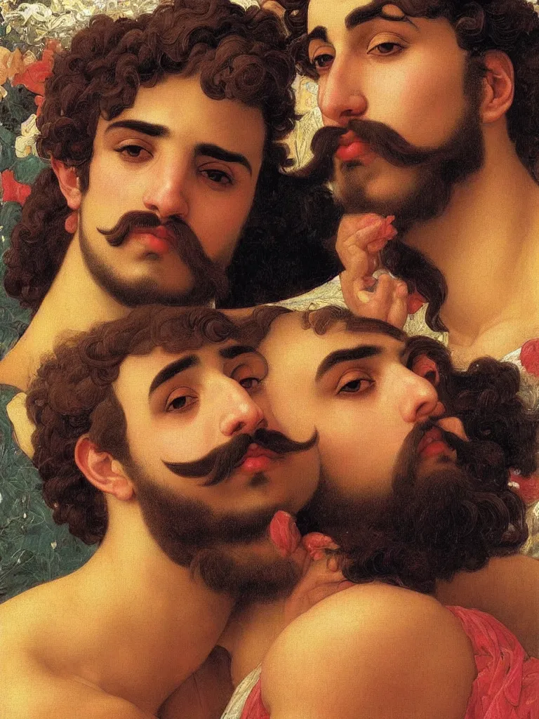 Prompt: close up portrait of 20 years old muscular persian iranian wrestlers handsome men with a mustache kiss, victor Nizovtsev, Botticelli, bouguereau