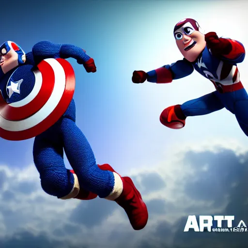 Prompt: a photorealistic photograph of a knitted Captain America as Buzz Lightyear flying through outer space Trending on Artstation, featured on Behance, well-rendered, Unreal Engine, 4K HD