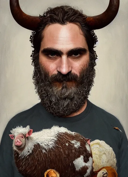 Image similar to a hyper detailed painting of joaquin phoenix surrounded by animals, cow horns, pig nose, sheep wool, chicken feather armor, horror, by anna podedworna, by miklos ligeti, by diego maricato, by taran fiddler, by antonino truisi, by chris reddie, by jinsung lim, trending on artstation