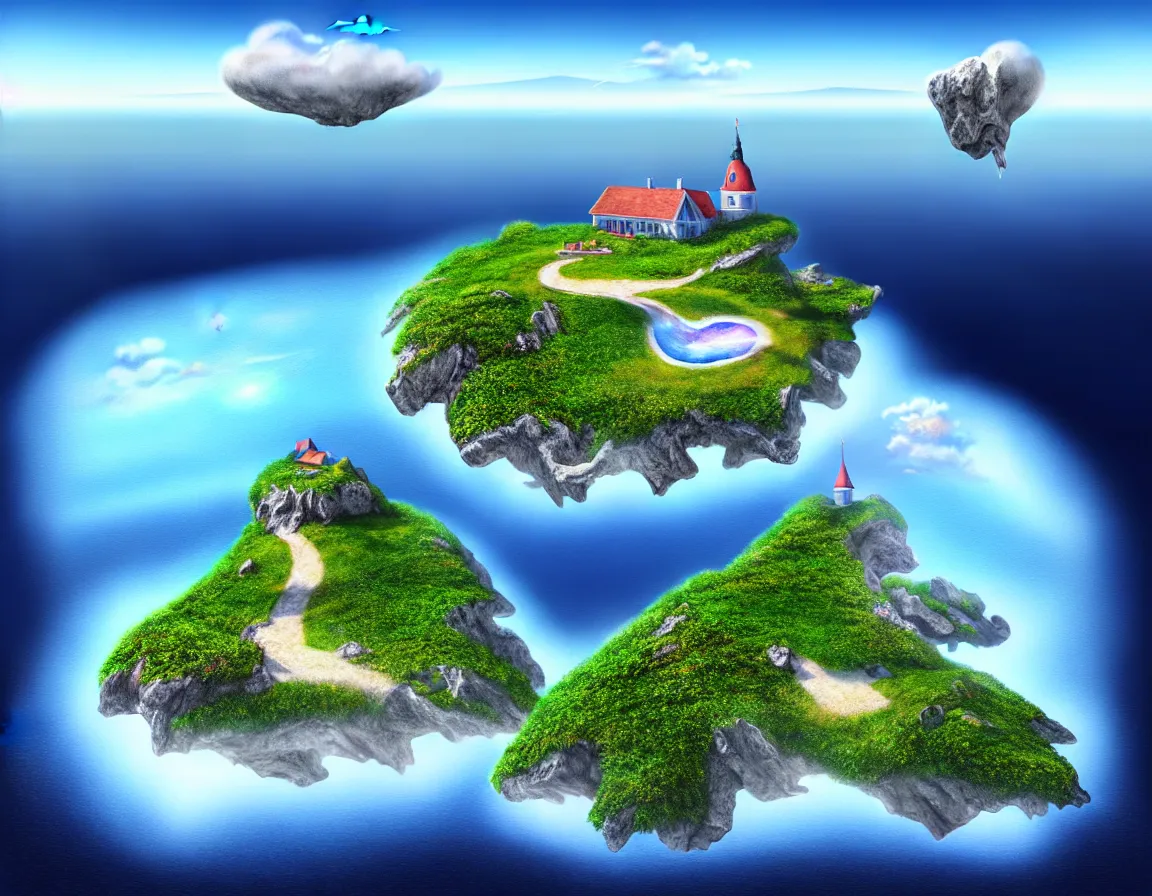 Image similar to ultra realistic illustration of magical island floating in the sky, hd, hdr, low angle camera view, cinematic 8 k, ultra detailed, high resolution, smooth, sharp focus, illustration, art by stanisław wyspianski