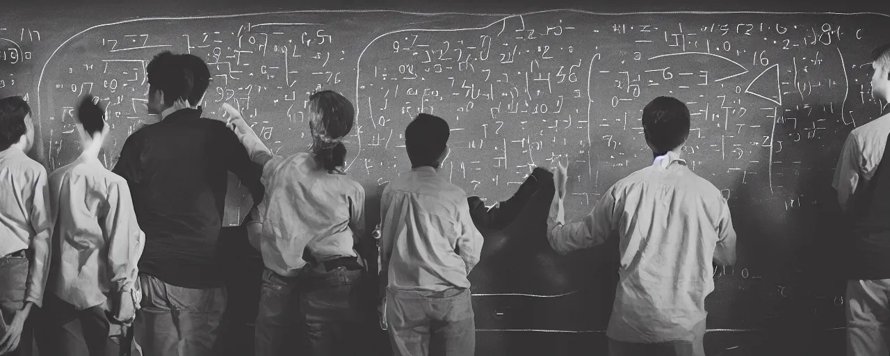 Prompt: mathematicians standing around a chalkboard with spaghetti, attempting to solve an algorithm, based on spaghetti, detailed facial expression, canon 5 0 mm, cinematic lighting, photography, retro, film, kodachrome