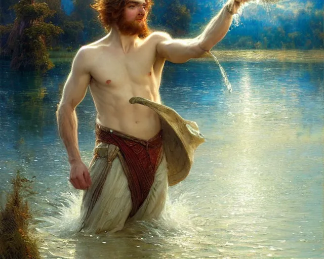 Image similar to attractive male wizard casting powerful water spell in a beautiful lake. highly detailed painting by gaston bussiere, craig mullins, j. c. leyendecker 8 k