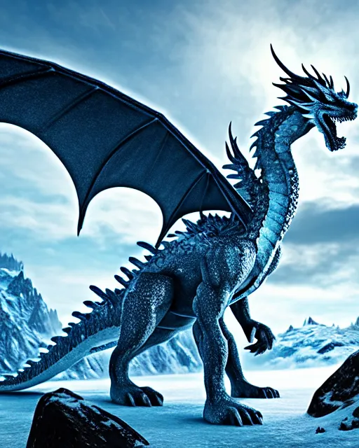 Image similar to giant ice dragon standing on a snowcapped mountain, highly detailed, 4 k, hdr, award - winning, directed by zack snyder