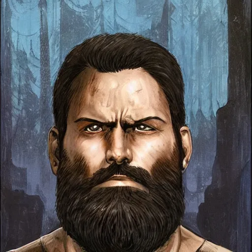 Image similar to portrait of a young bearded man, in the style of Enki Bilal and Joe Jusko and Alex Ross