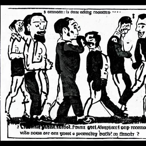 Image similar to group of men asking people to join a football match, comic vignette, 1 9 7 0 newspaper