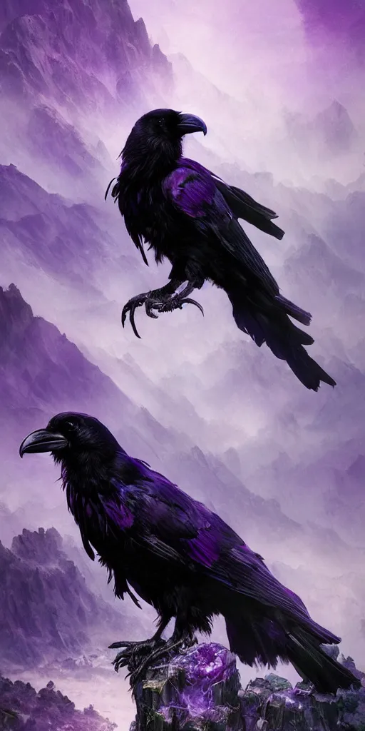 Prompt: portrait of a beautiful raven perched on purple crystals that are glowing in a misty valley, establishing shot, extremly high detail, foto realistic, cinematic lighting, by yoshitaka amano, ruan jia, kentaro miura, artgerm, post processed, concept art, artstation, raphael lacoste, alex ross