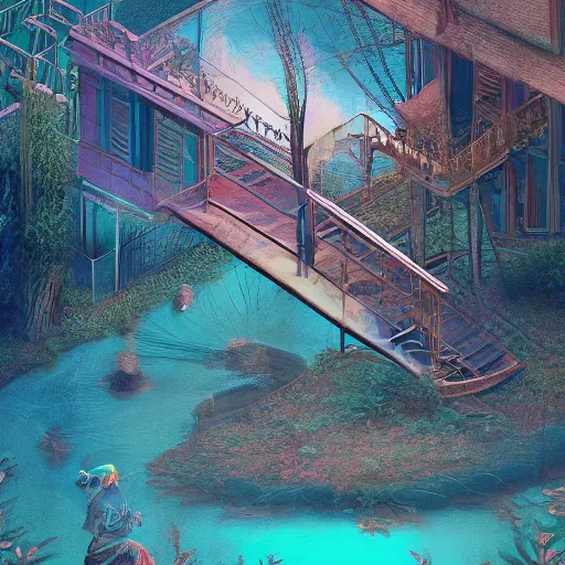 Image similar to beautiful symmetrical boy on a skateboard ramps over the pond surrounded by machine axonometric fantasy intricate elegant highly detailed in volumetric turquoise steampunk, high contrast cinematic light, mystical shadows, octane render, photographic, concept art, art high renaissance art, unreal engine 8 k