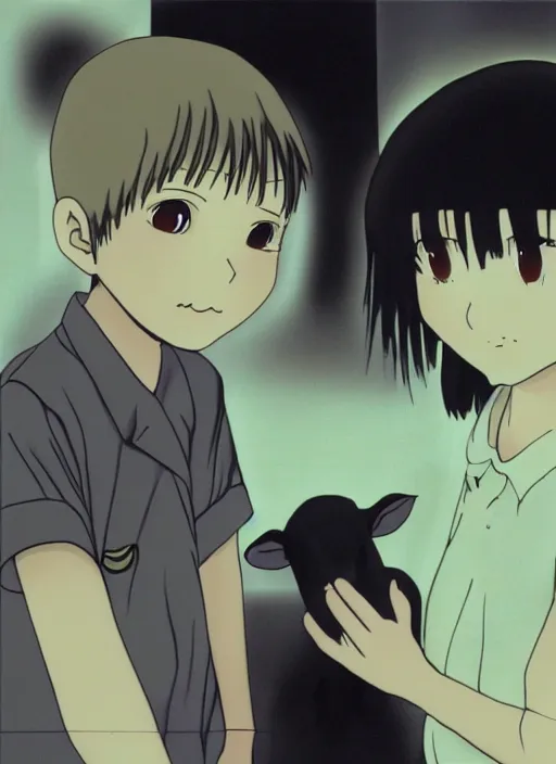Prompt: boy, girl and a goat, still from Serial Experiments Lain, high resolution