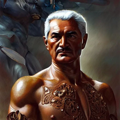 Prompt: fullbody portrait of mustafa kemal atatürk, muscular, upper body,big chest, amazon warrior, fantasy, intricate, elegant, highly detailed, digital painting, artstation, concept art, matte, sharp focus, illustration, art by Artgerm and Greg Rutkowski and Alphonse Mucha