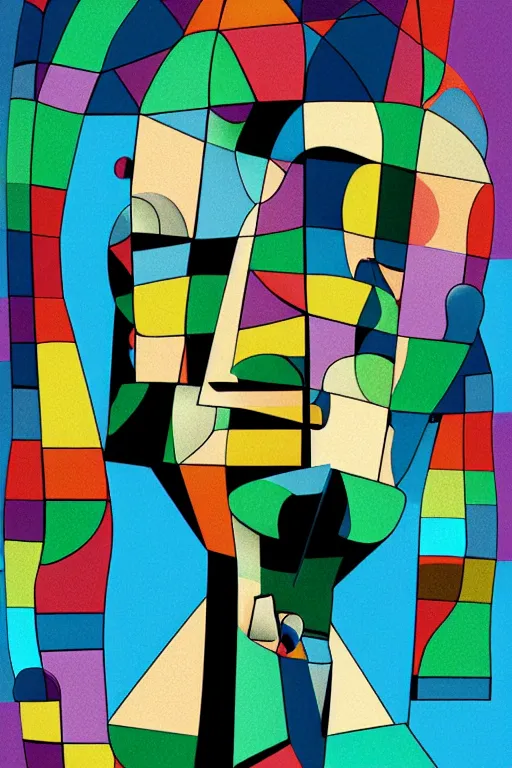 Image similar to abstract cubist moai statue geometric cutout digital illustration cartoon colorful beeple