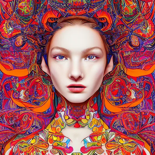 Image similar to the portrait of a beautiful and elegant young woman made up of peppers, an ultrafine detailed illustration by james jean, intricate linework, bright colors, final fantasy, behance contest winner, vanitas, angular, altermodern, unreal engine 5 highly rendered, global illumination, radiant light, detailed and intricate environment