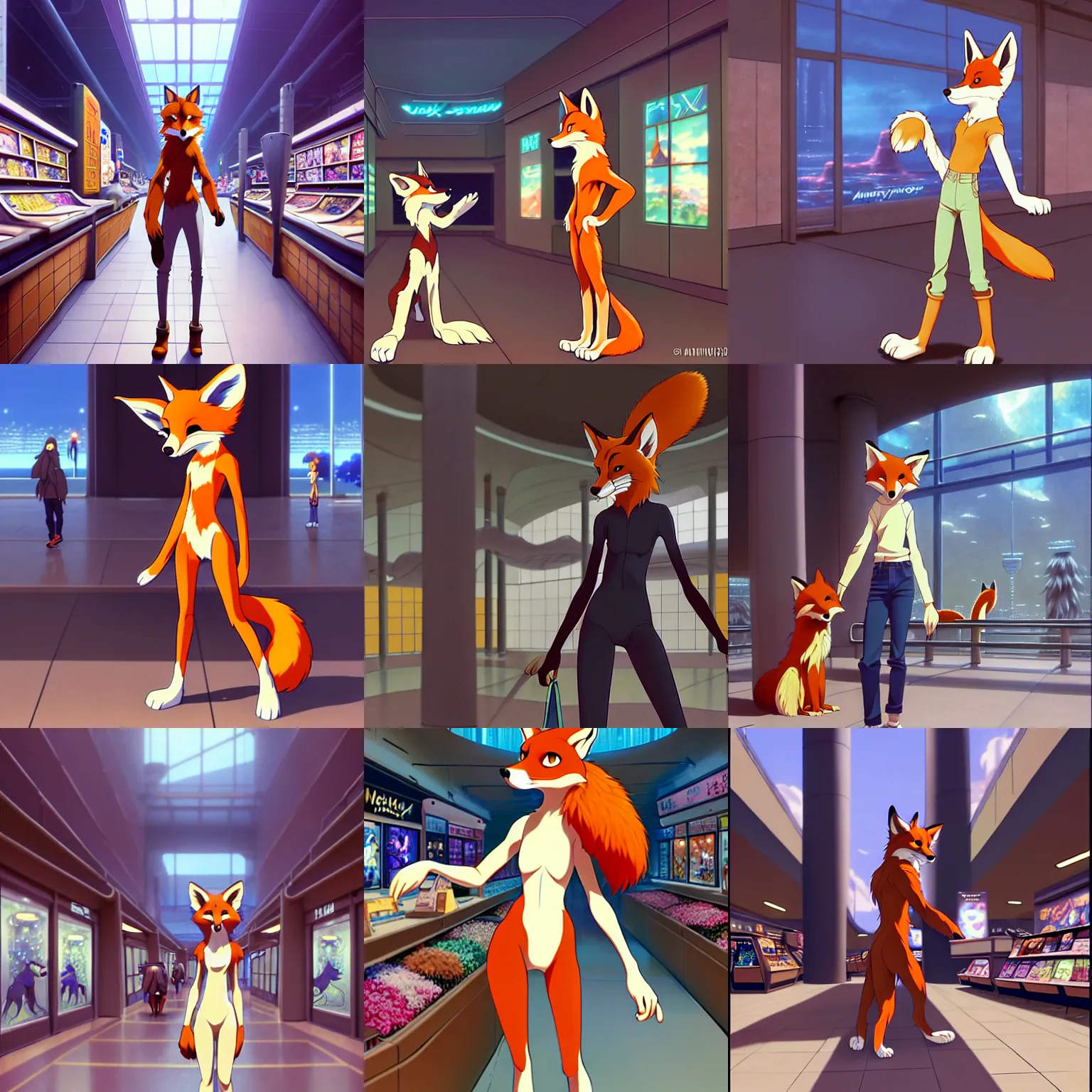 Image similar to anthro art commission of an anthropomorphic natural furry ( ( ( fox ) ) ) person shopping at a futuristic mall, photorealistic, detailed key anime art, makoto shinkai, james gurney, don bluth!!, disney!!, hibbary!!, dark natasha, goldenwolf, furaffinity, fursona, greg rutkowski