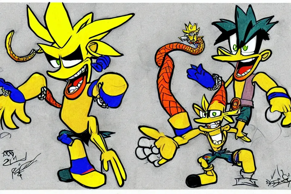 Image similar to concept sketches of crash bandicoot wearing a gold crown riding a large dragon by jamie hewlett, in the style of megaman, micro detail