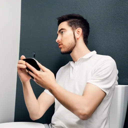 Prompt: a thoughtful wealthy young man sitting on top of the toilet drinking coffee and scrolling tiktok on his iphone, distant thoughtful look