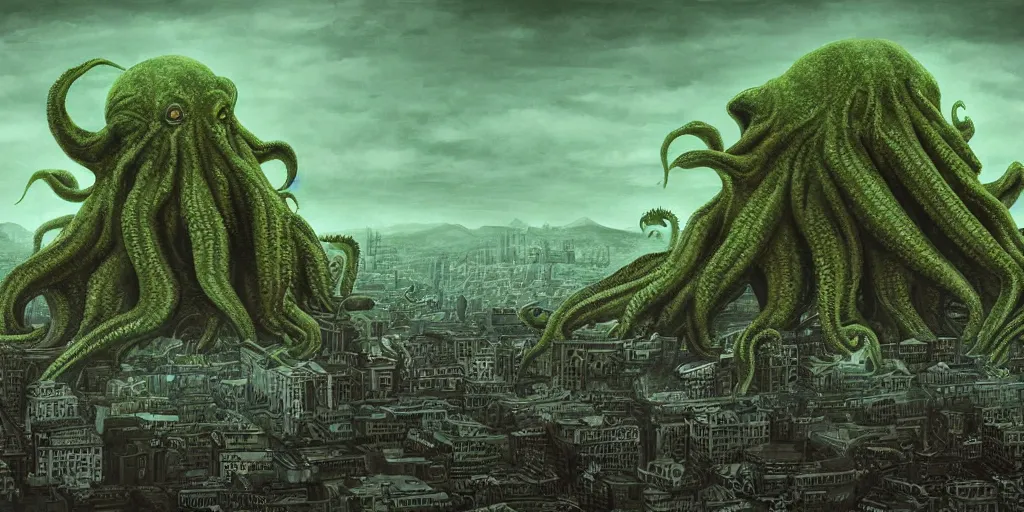 Image similar to a giant cthulhu threatening a city from the horizon while people are terrified, year 1920, digital art, shades of green