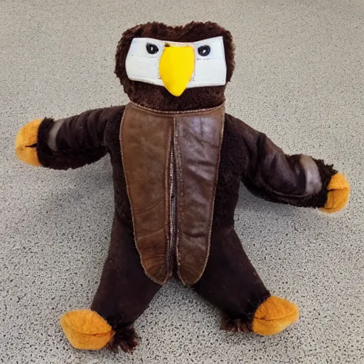 Image similar to a bald eagle wearing a leather jacket as a plush toy