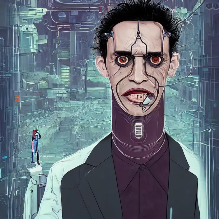 Image similar to A portrait of one! latino mad scientist male with cyborg face looking at the camera with a queasy smile!!, wearing a black suit under a white laboratory coat, in a mixed style of Botticelli and Æon Flux!!, inspired by Simon Stålenhag paintings, and cyberpunk!!!, stunningly detailed, stunning inking lines, flat colors, 4K photorealistic