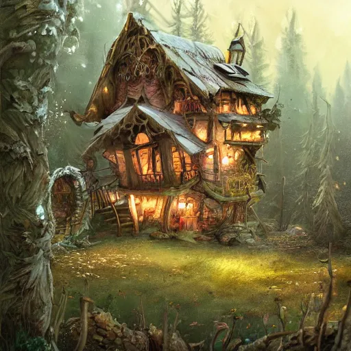 Image similar to a storybook illustration of a ramshackle multistory fairytale hut in the forest, intricate, elegant, on chicken legs, in forest, fantasy, highly detailed, digital painting, concept art, sharp focus, trending on artstation