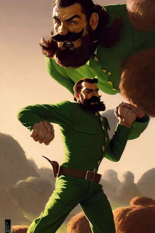 Prompt: gigachad luigi fighting like ernest khalimov in a green suit with a beard, fantasy character portrait, ultra realistic, full body concept art, intricate details, highly detailed by greg rutkowski, ilya kuvshinov, gaston bussiere, craig mullins, simon bisley