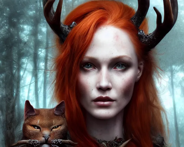 Prompt: 5 5 mm portrait photo of an armored gorgeous aesthetic redhead woman warrior with a face tattoo and antlers growing from her head and a demonic cat on her shoulder, in a magical forest. dark atmosphere. art by greg rutkowski. highly detailed 8 k. intricate. lifelike. soft light. nikon d 8 5 0.