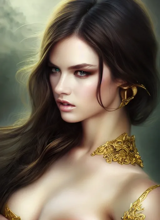 Prompt: a beautiful portrait, sexy fantasy. professionally retouched, soft lighting, wearing sexy black dessous, realistic, smooth face, perfect green eyes, long dark hair with gold highleights, wide angle, sharp focus on the eyes, 8 k high definition, insanely detailed, intricate, elegant, art by artgerm and wlop