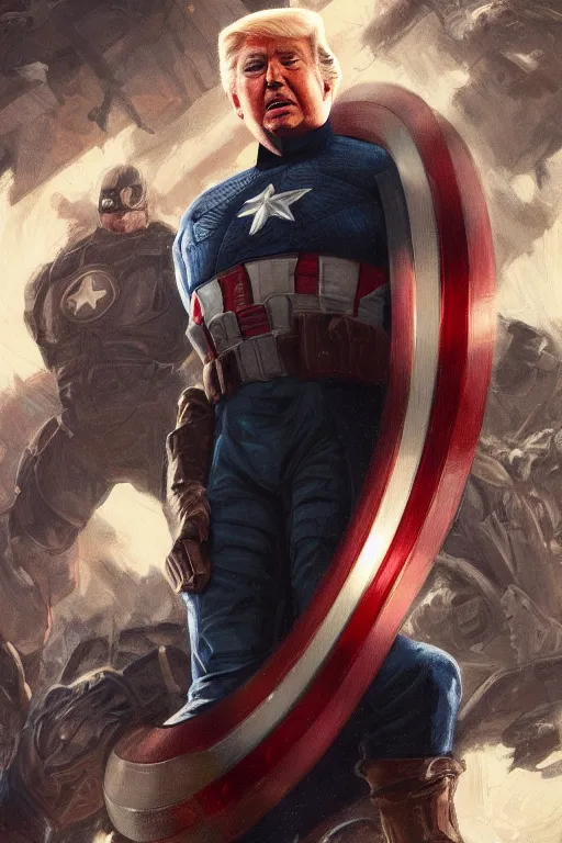 Image similar to a distant cinematic shot of Donald Trump as Captain America, D&D, fantasy, intricate, elegant, highly detailed, digital painting, artstation, concept art, matte, smooth, sharp focus, illustration, art by Artgerm and Greg Rutkowski and Alphonse Mucha, oil painting, 8k, hyper realistic